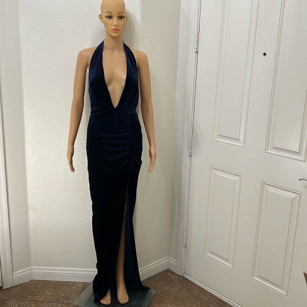 Windsor Formal Dress Navy Blue Velvet Deep Plunging V Neck Slimming Ruching Maxi